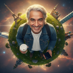 Retrato conceptual del viaje creativo en un planeta verde