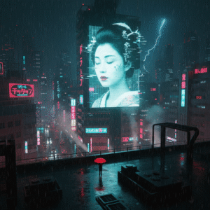 Paisaje urbano cyberpunk bajo lluvia con neones y atmósfera cinematográfica