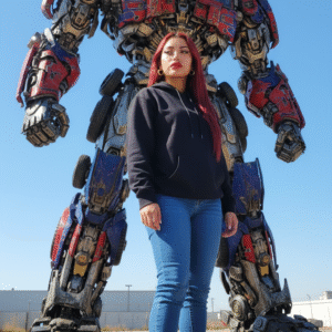 Retrato cinematográfico con Optimus Prime en perspectiva heroica