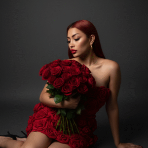Retrato editorial con vestido rojo y ramo de rosas bajo luz direccional