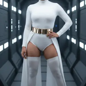 Retrato conceptual inspirado en ciencia ficción con atuendo blanco y fondo espacial