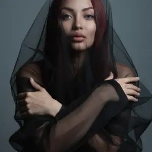 Retrato editorial minimalista con velo negro y luz de estudio