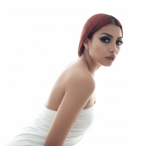 Retrato conceptual en clave alta con fondo blanco y mirada intensa