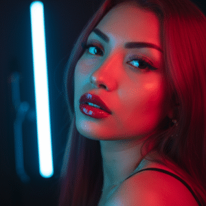 Retrato dual en rojo y azul con iluminación cruzada cinematográfica