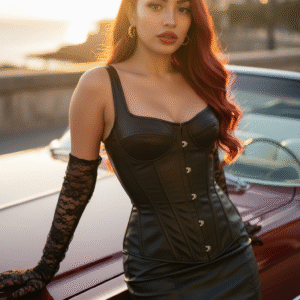 Retrato cinematográfico con convertible rojo al atardecer