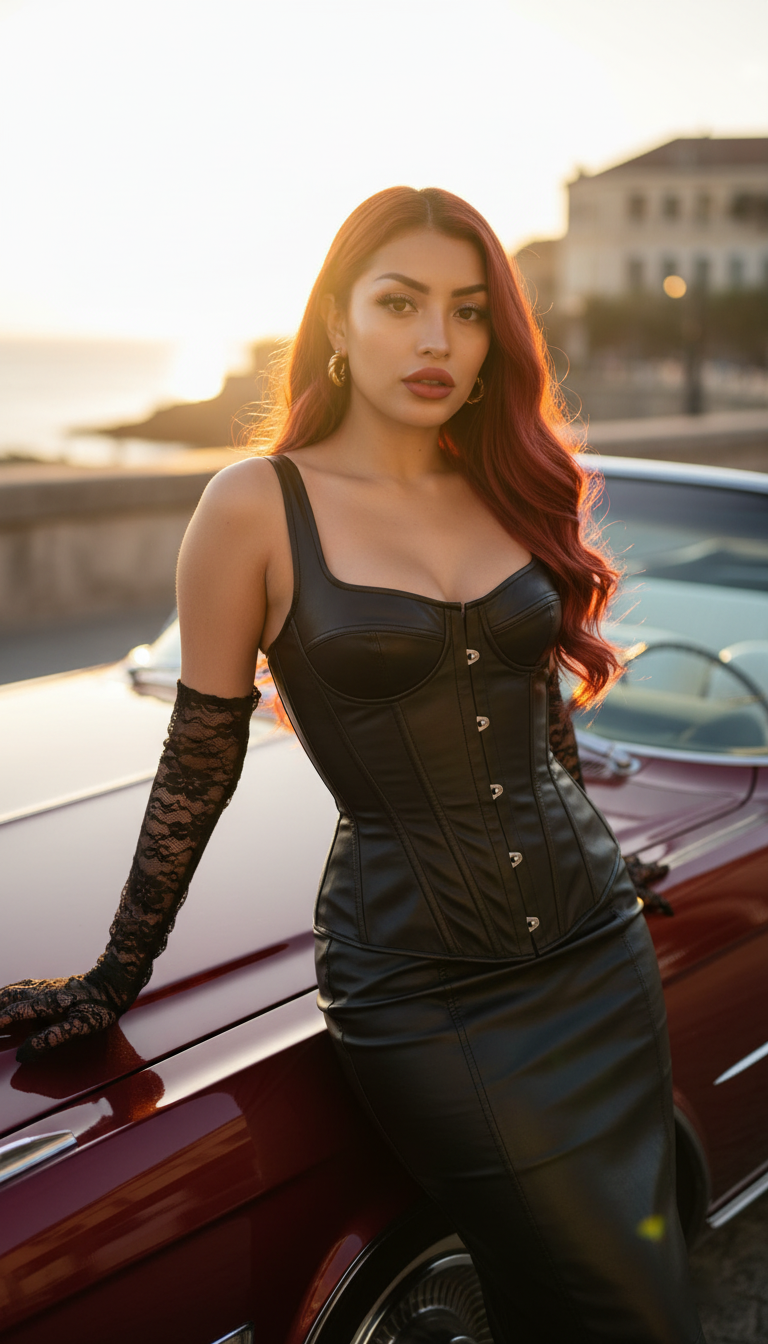 Retrato cinematográfico con convertible rojo al atardecer