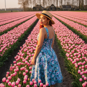 PC-EE-023-TULPNLD Retrato editorial entre tulipanes en Holanda con luz dorada natural