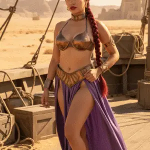 Retrato cinematográfico estilo Leia en traje de bronce sobre la barcaza de Jabba