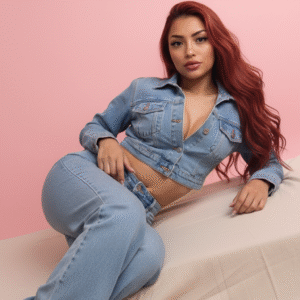 Fotografía editorial de moda femenina en denim sobre fondo rosa minimalista