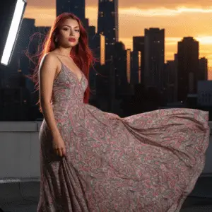 Editorial de moda urbana al atardecer en azotea