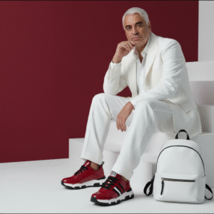 Fotografía editorial de moda masculina sobre fondo rojo minimalista