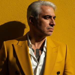 Fotografía editorial de moda masculina con blazer amarillo y fondo dorado