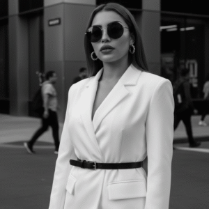 Retrato editorial en blanco y negro con blazer blanco y gafas oscuras