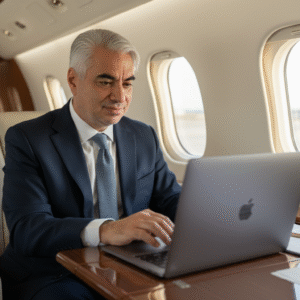 Fotografía cinematográfica de empresario exitoso en jet privado