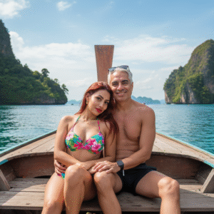 Retrato editorial de pareja en barco tailandés en Krabi Bay